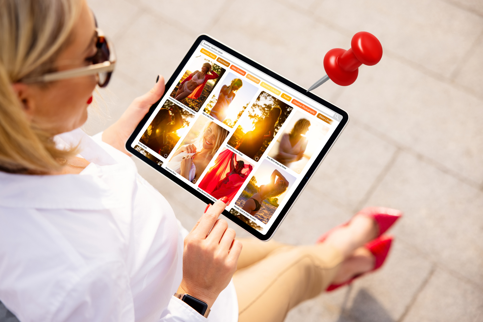 Mulher vendo fotos no pinterest com scarpin vermelho