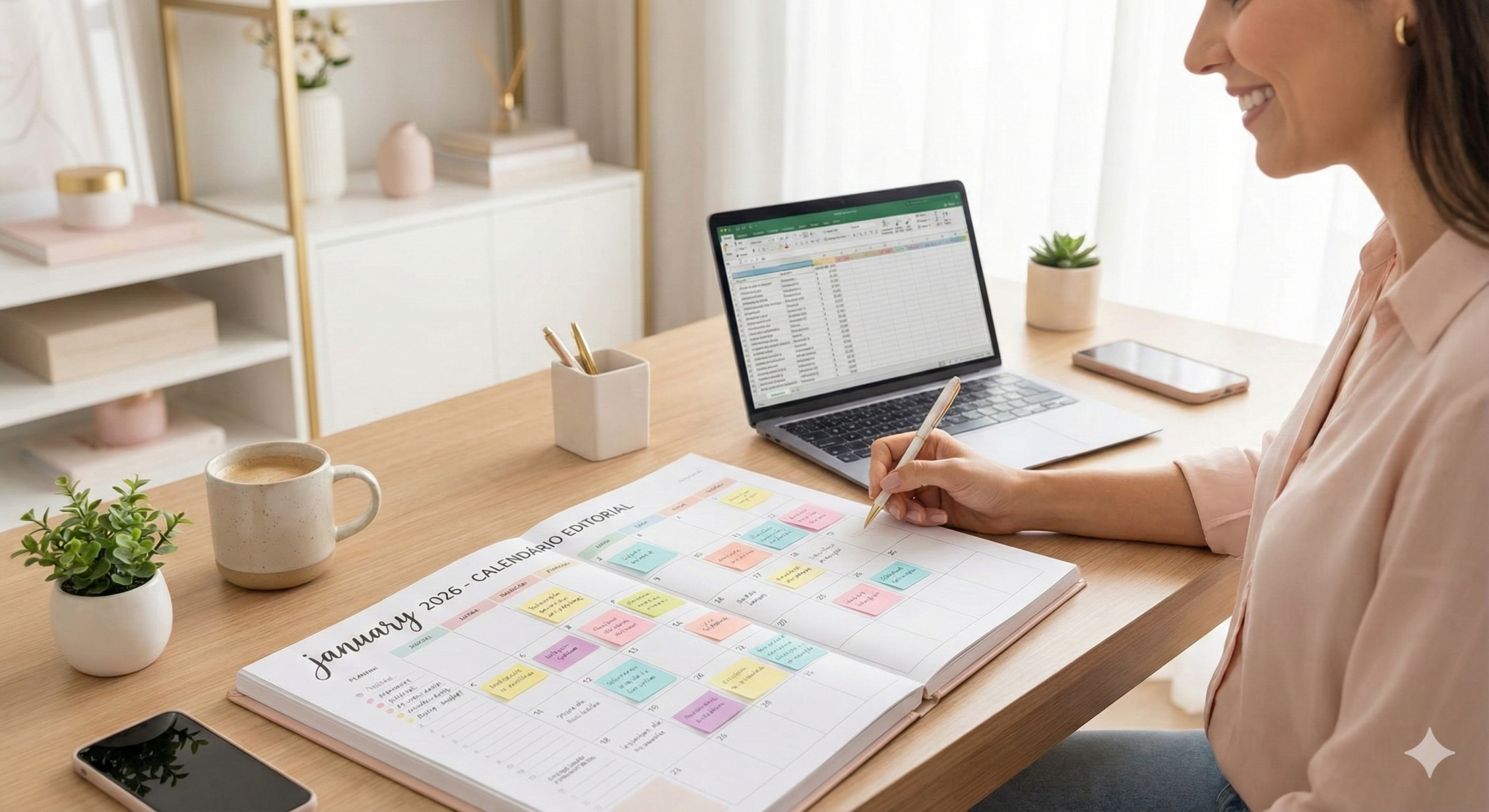 "Mulher empreendedora sorrindo em sua mesa de escritório, segurando uma caneta sobre um planner aberto na página de Calendário Editorial de Janeiro de 2026, com um notebook e uma xícara de café ao lado."