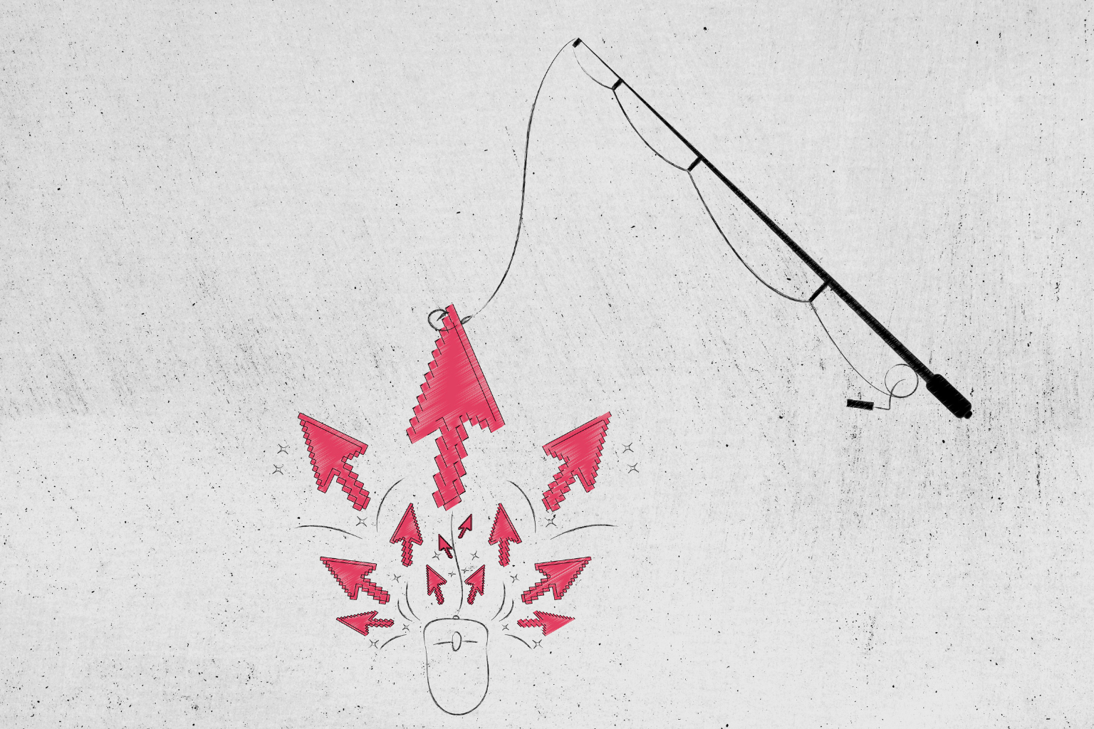 vara de pescar pescando cliques, sugerindo o propósito da isca digital