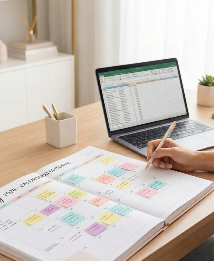 "Mulher empreendedora sorrindo em sua mesa de escritório, segurando uma caneta sobre um planner aberto na página de Calendário Editorial de Janeiro de 2026, com um notebook e uma xícara de café ao lado."